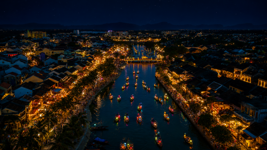 Hoi An iluminada por farolillos tradicionales. Imagen ilustrada